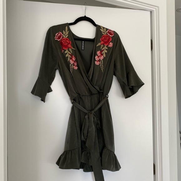 Silk Olive Green Romper with Flower Details - Picture 3 of 7